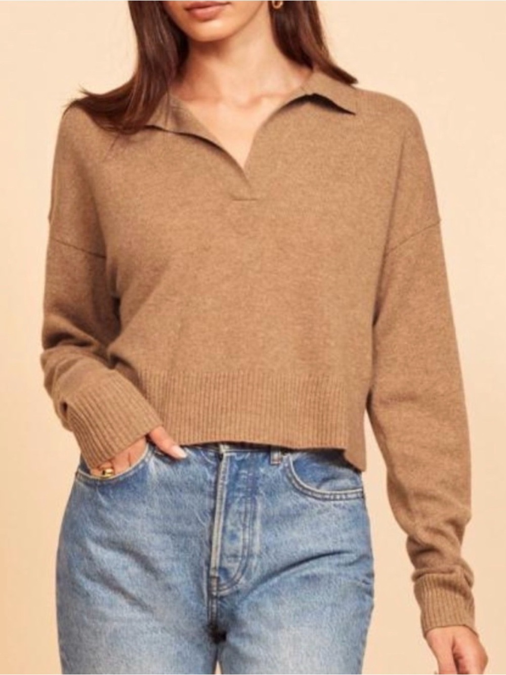 Reformation Cashmere Polo Sweater, tan and size small